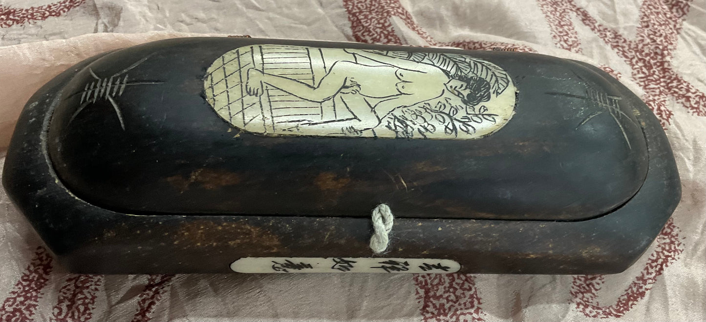 Antique Style Brass Round Sunglasses with Wooden Erotic Art Case – Vintage Collectible Eyewear