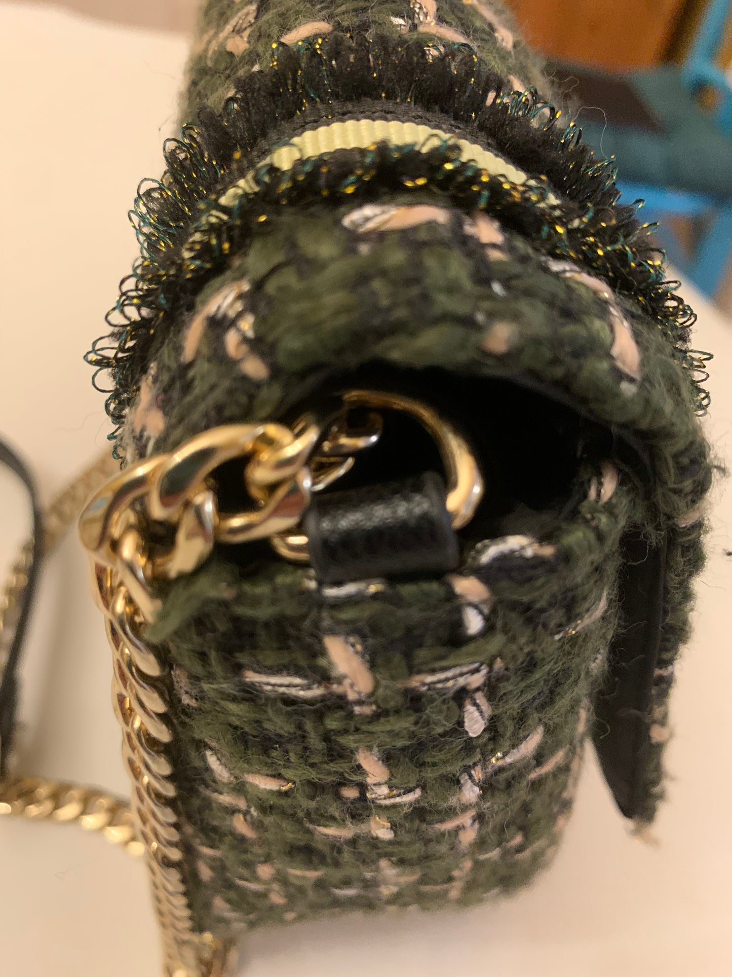 Beck Söndergaard Boucle Tweed Crossbody Bag - Green & Pink with Gold Chain