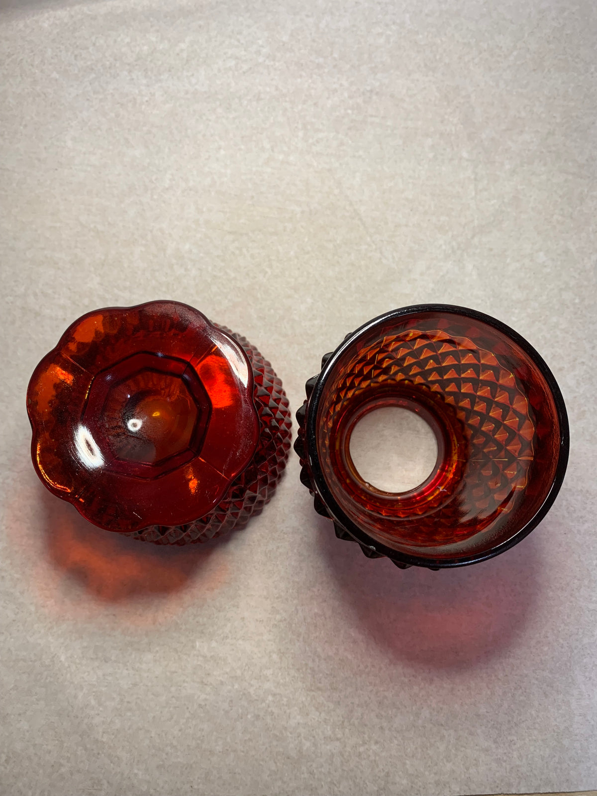 Vintage Red Diamond Point Glass Fairy Lamp / Votive Candle Holder — 2-Piece