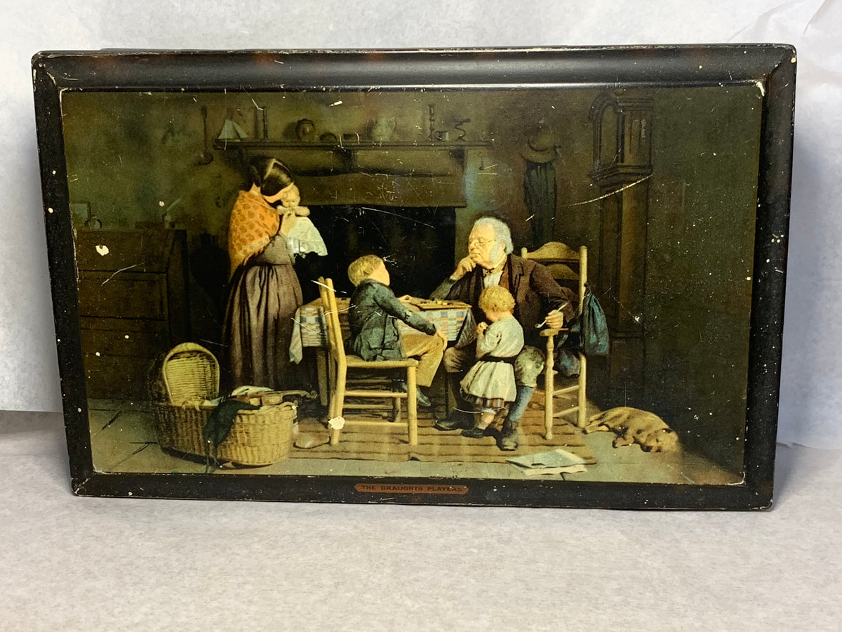 Antique Victorian Biscuit Tin — “The Draughts Players” after Joseph Clark