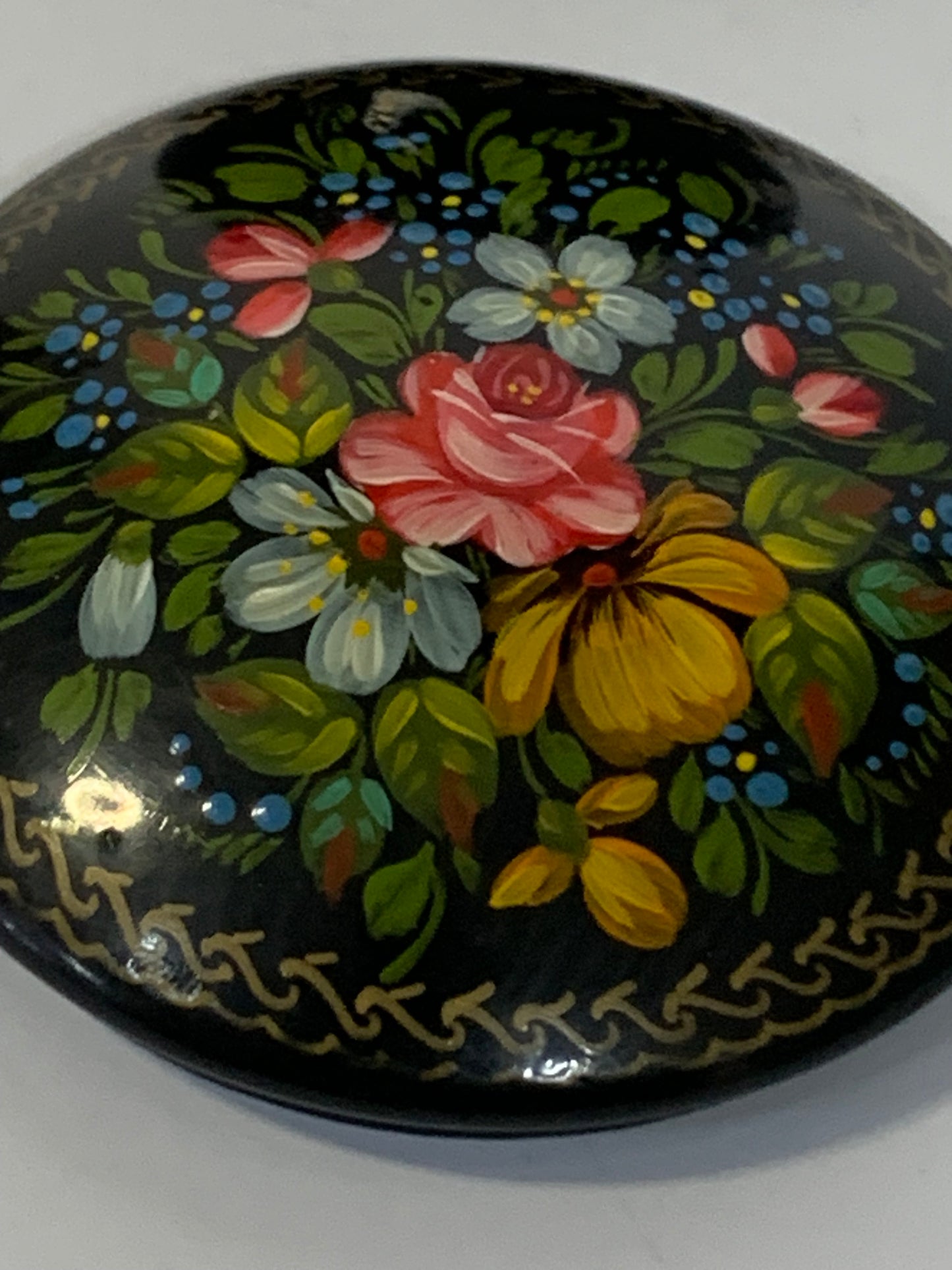 Russian Metal Tole Bowl with Traditional Lacquerware-Style Painting