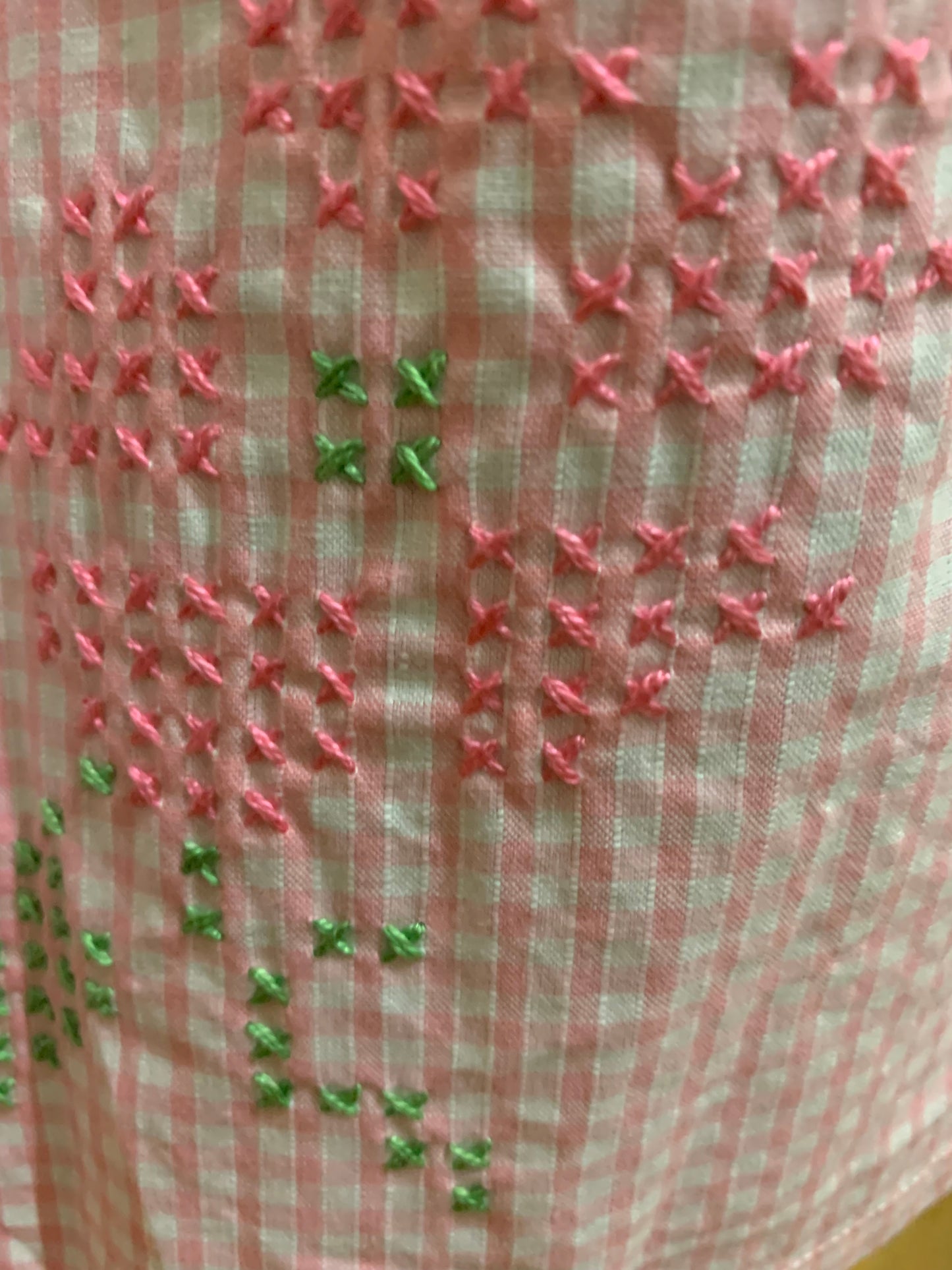 Vintage 1960s-70s Hand-Embroidered Pink Gingham Half Apron with Chicken Scratch Embroidery