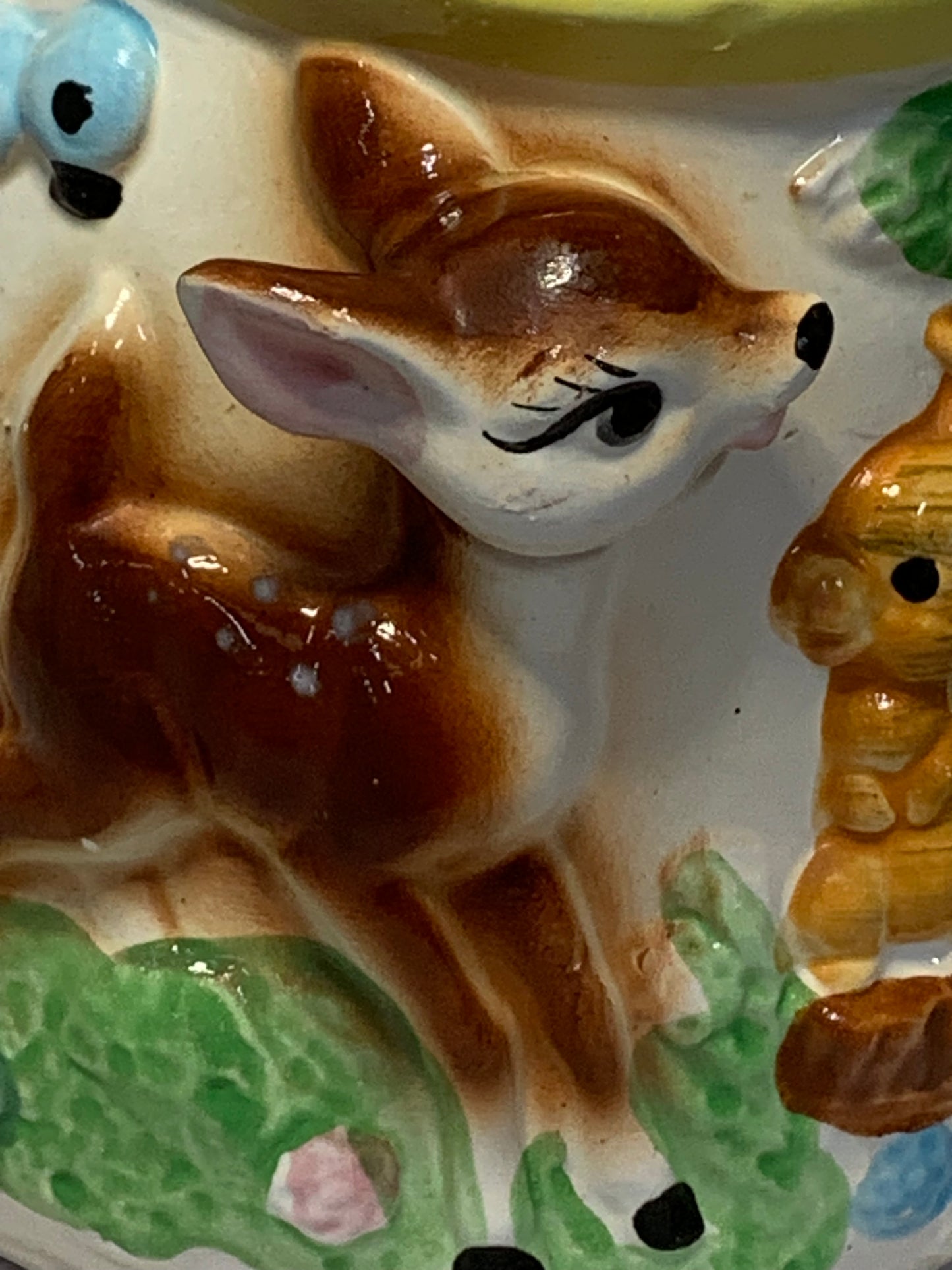 Vintage Kitsch Ceramic Woodland Animals Biscuit Barrel with Cane Handle