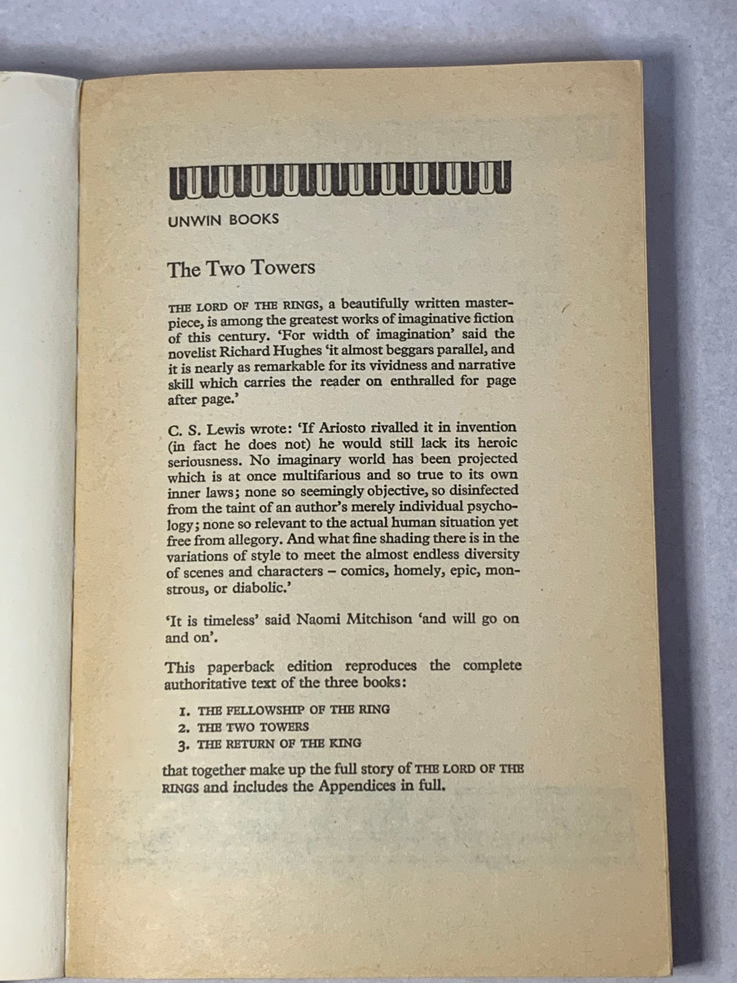 Vintage paperback edition of “The Two Towers” by J.R.R. Tolkien, published by Unwin Books (George Allen & Unwin Ltd), Unwin Books Edition 1974
