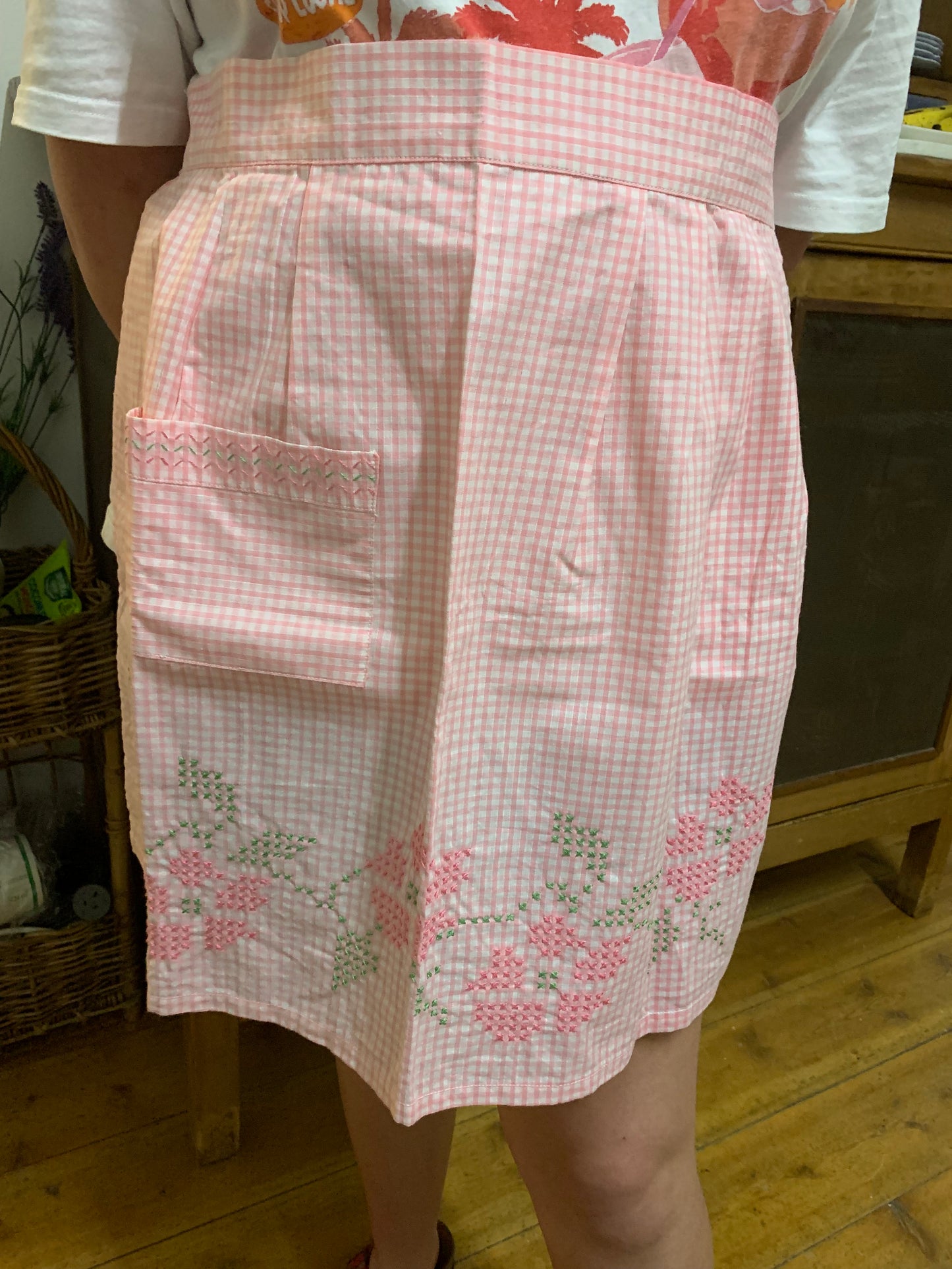 Vintage 1960s-70s Hand-Embroidered Pink Gingham Half Apron with Chicken Scratch Embroidery