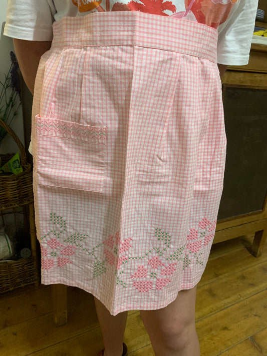 Vintage 1960s-70s Hand-Embroidered Pink Gingham Half Apron with Chicken Scratch Embroidery