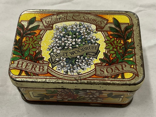 Vintage Gilchrist & Soames “Sweet Woodruff Herb Soap” decorative tin box.