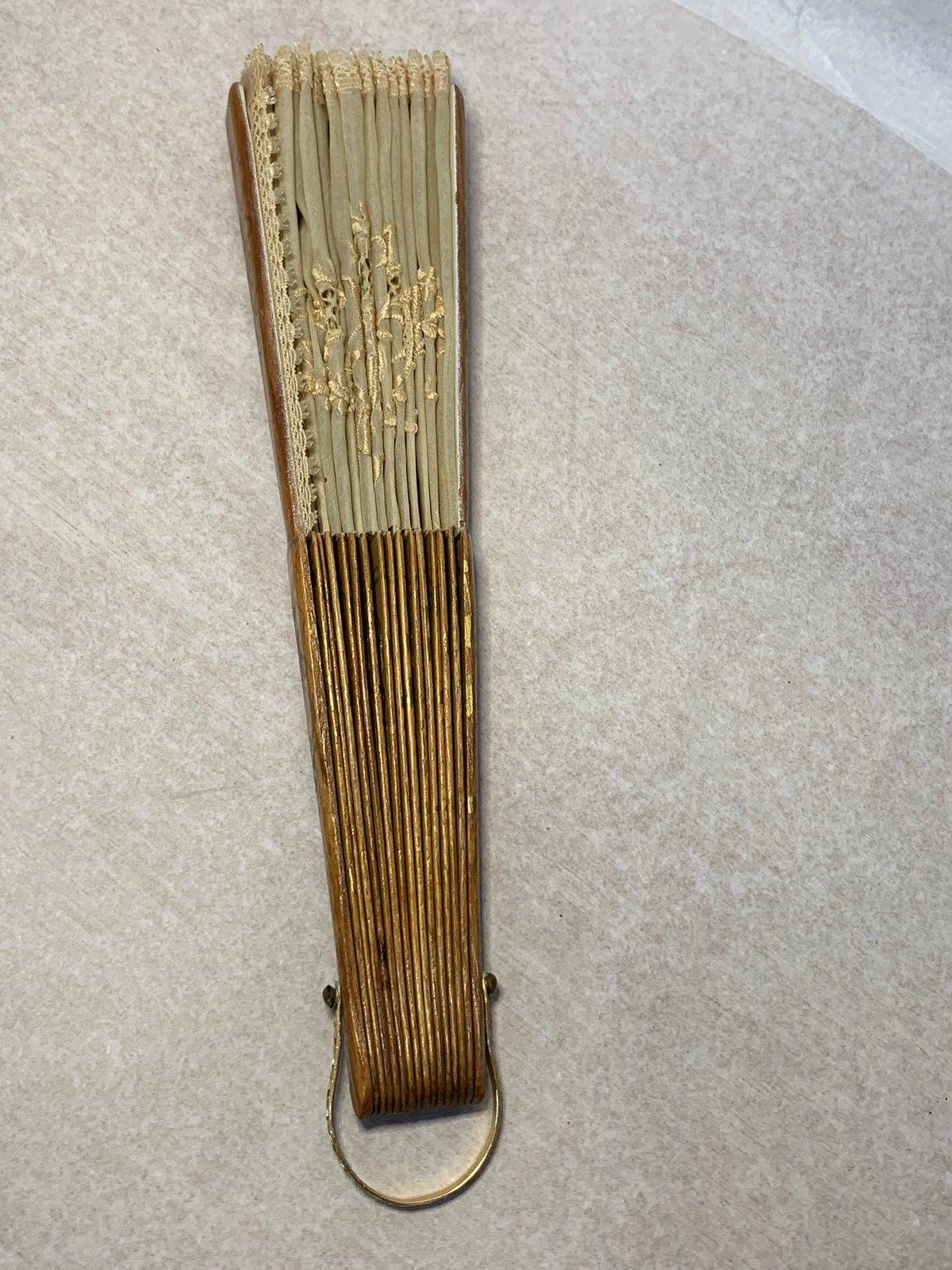 Vintage Hong Kong Carved Wood & Embroidered Lace Folding Fan