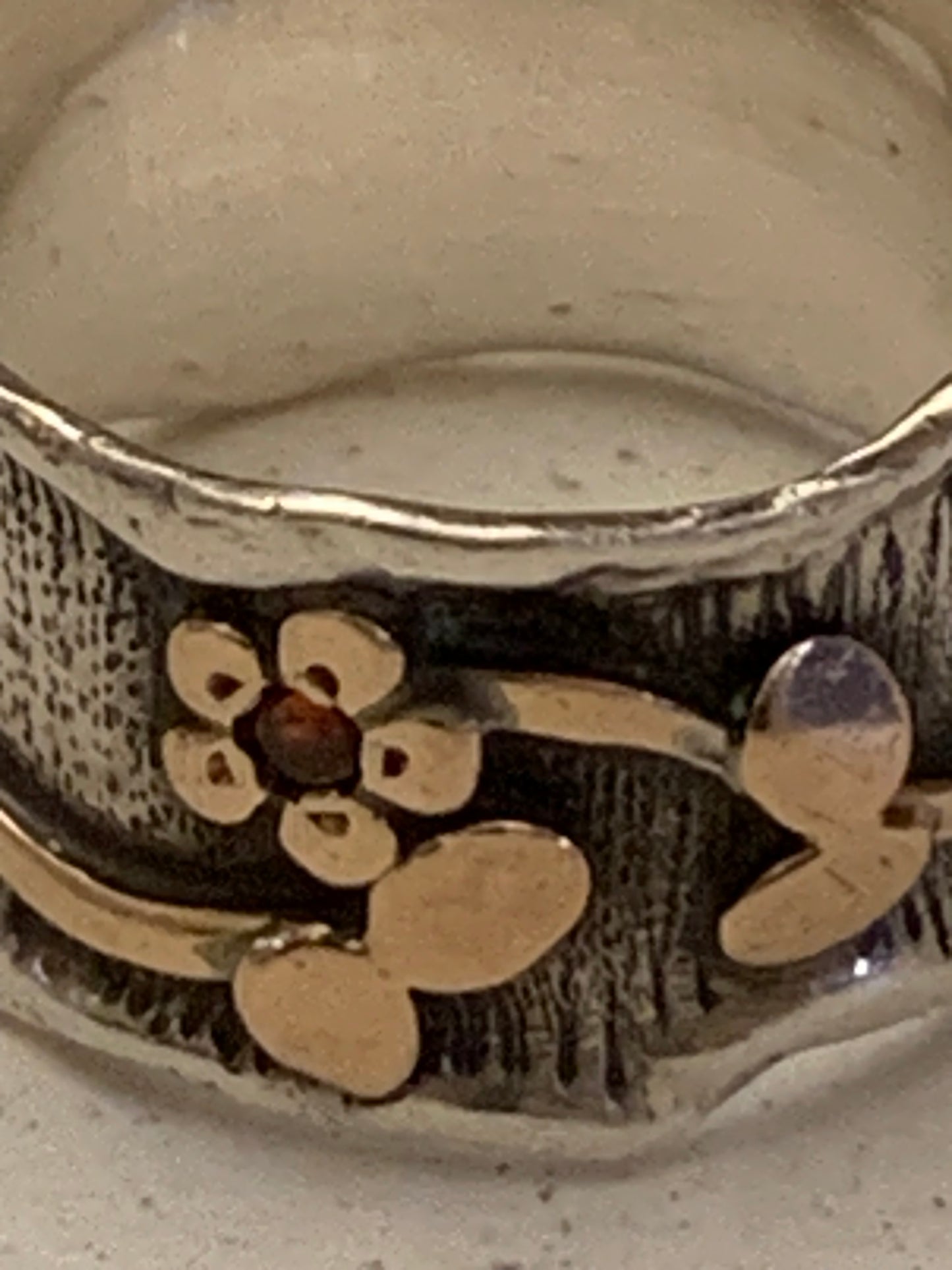 Sterling Silver & Gold Floral Band Ring with Garnet