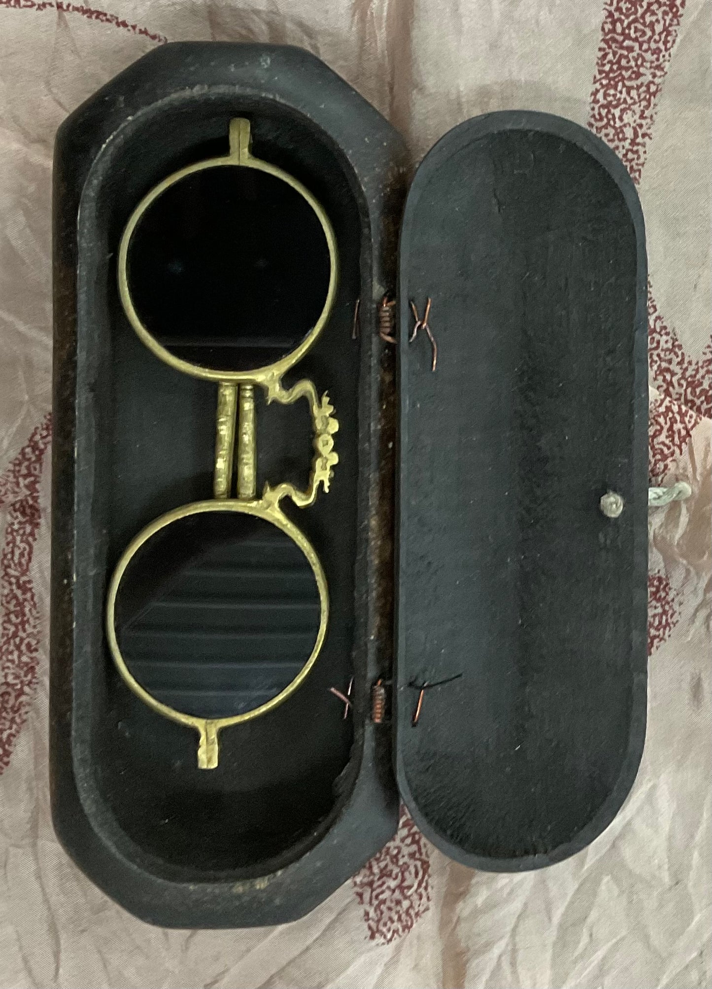 Antique Style Brass Round Sunglasses with Wooden Erotic Art Case – Vintage Collectible Eyewear