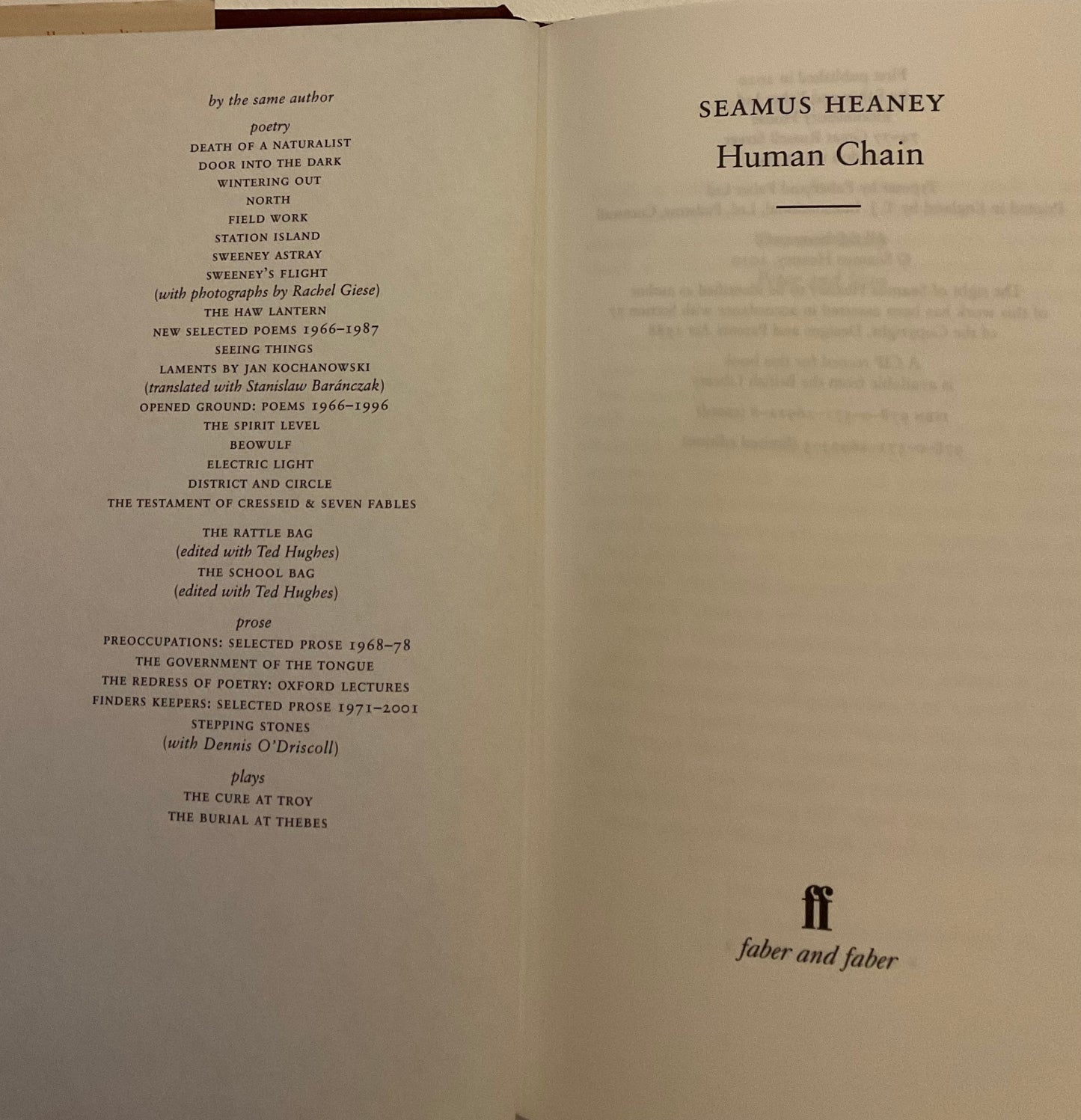 Human Chain by Seamus Heaney, published by Faber and Faber, is the final poetry collection released by the Nobel Prize–winning poet during his lifetime (2010).