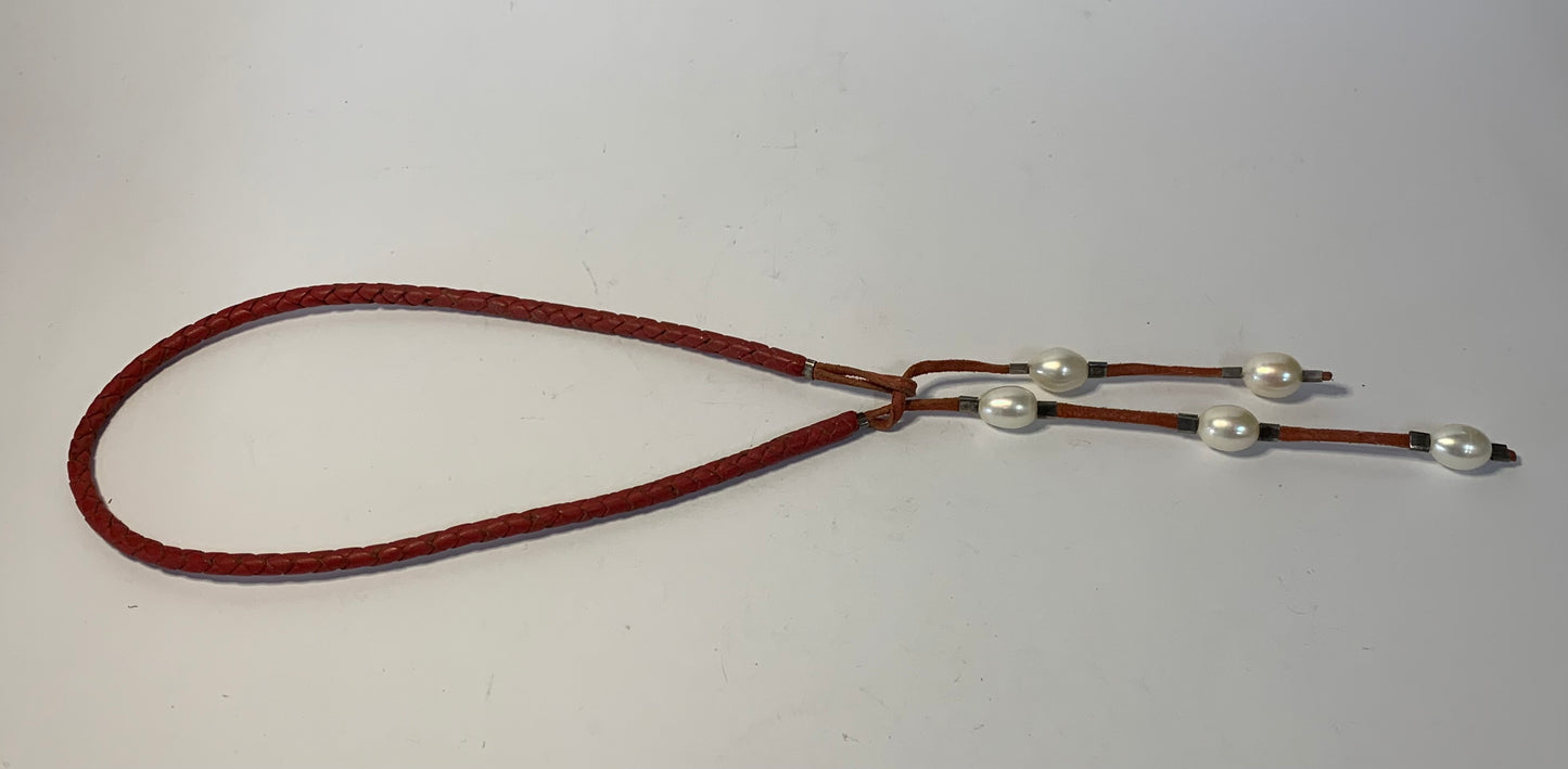 Braided Red Leather and Pearl Station Necklace