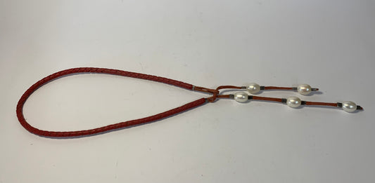 Braided Red Leather and Pearl Station Necklace