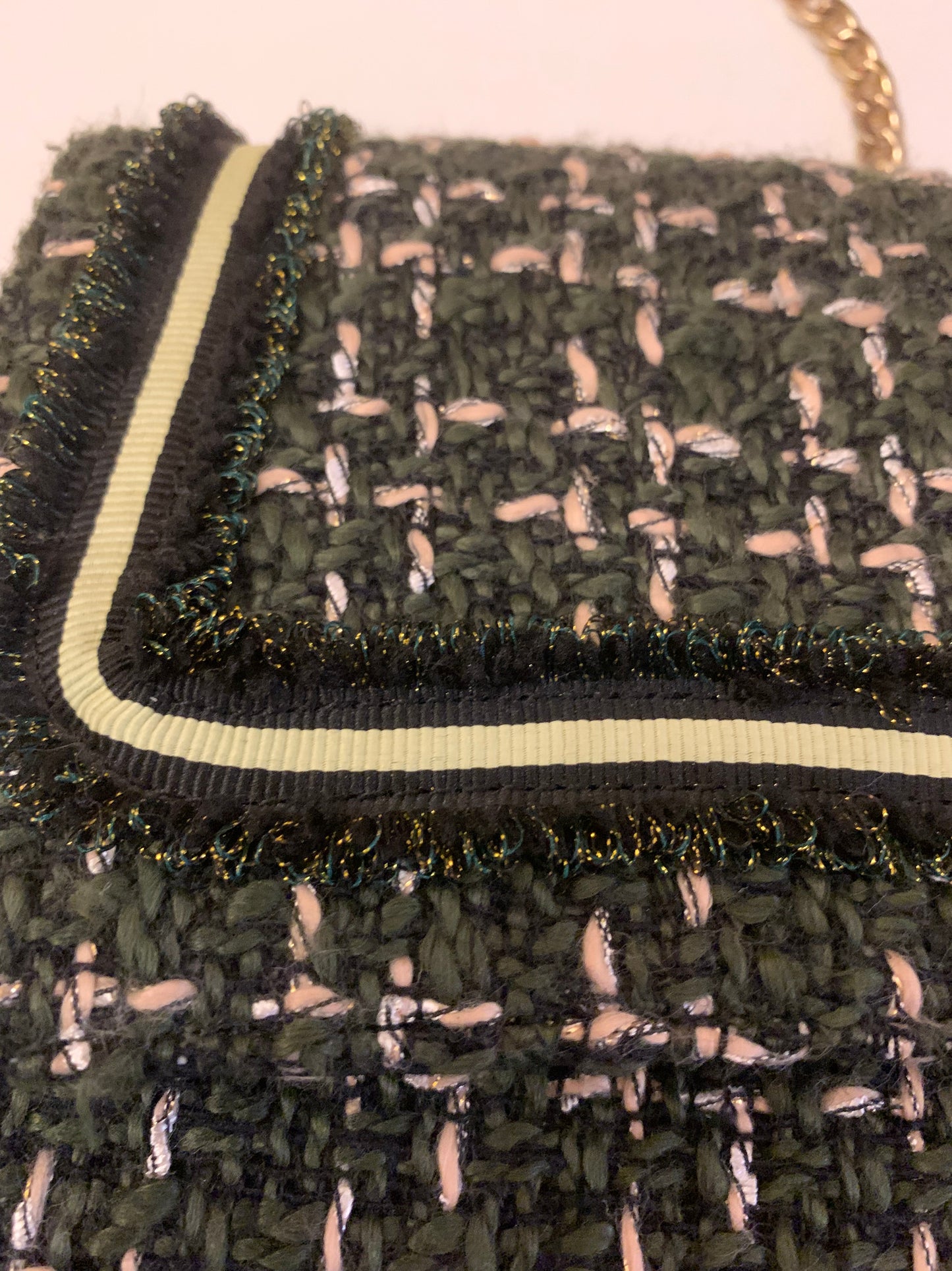Beck Söndergaard Boucle Tweed Crossbody Bag - Green & Pink with Gold Chain