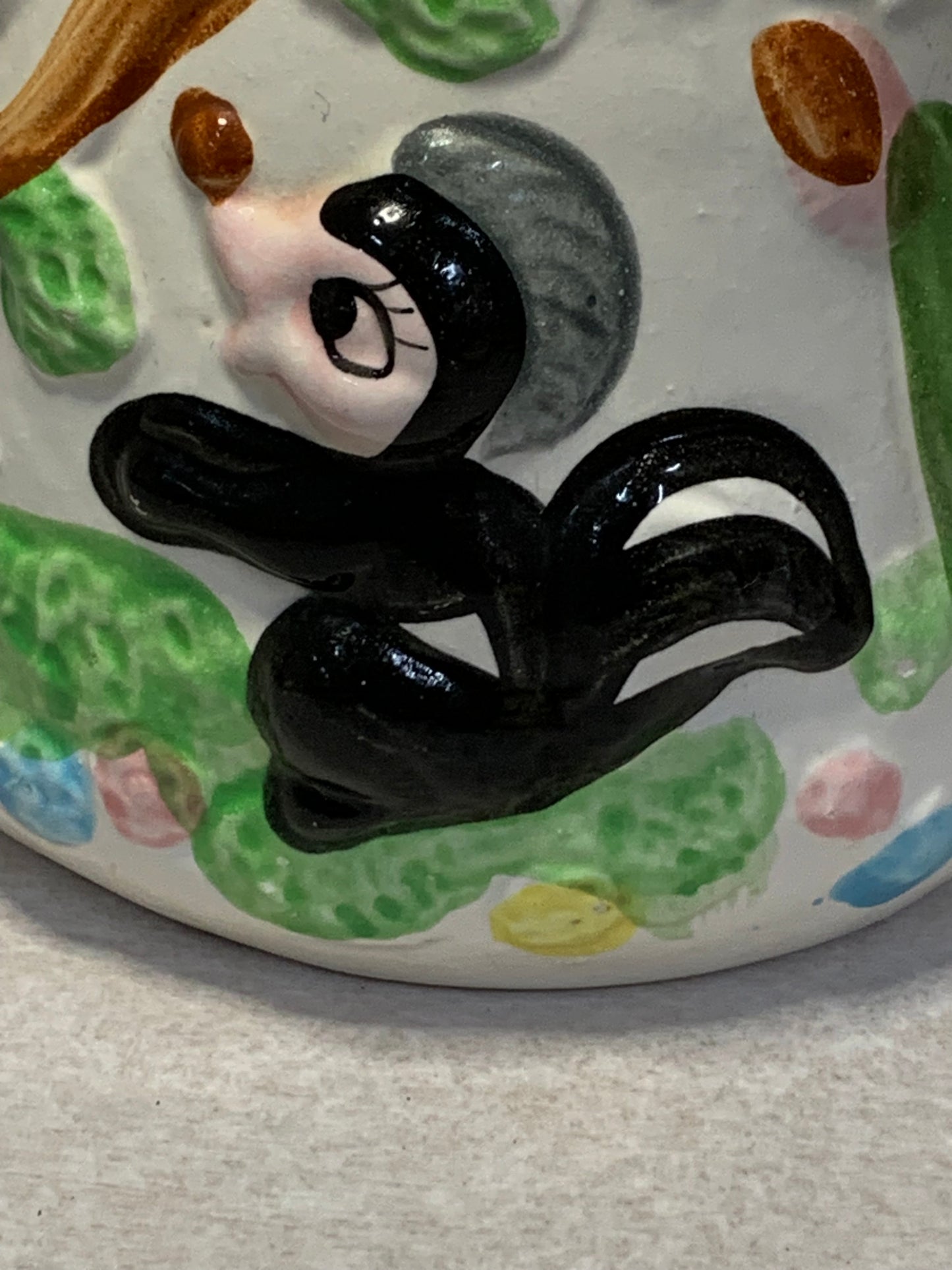 Vintage Kitsch Ceramic Woodland Animals Biscuit Barrel with Cane Handle