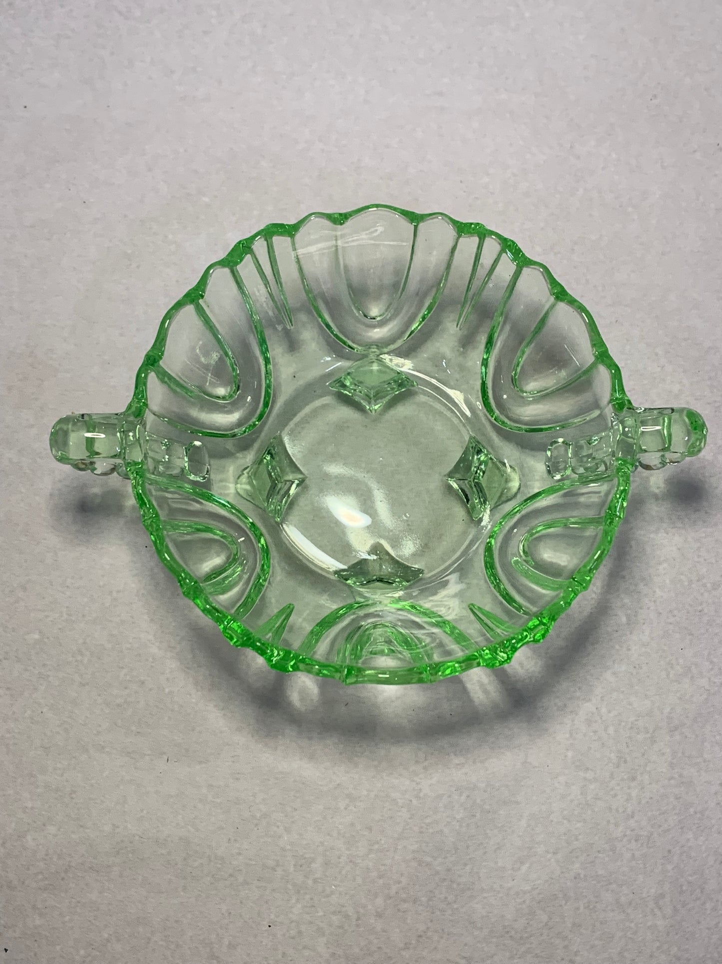Vintage Uranium Vaseline Green Glass Handled Sugar Bowl— Glows Bright Green Under UV