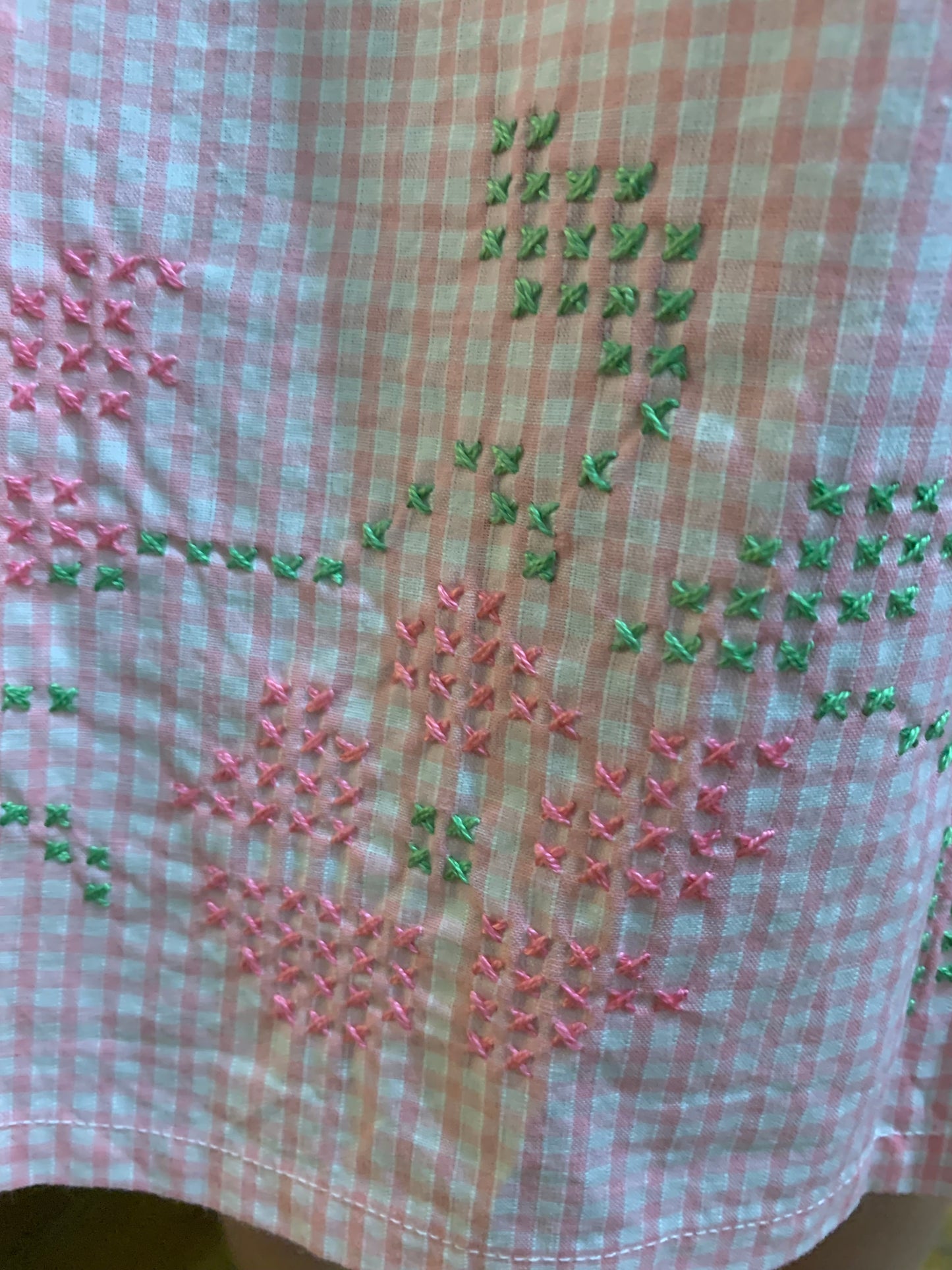 Vintage 1960s-70s Hand-Embroidered Pink Gingham Half Apron with Chicken Scratch Embroidery