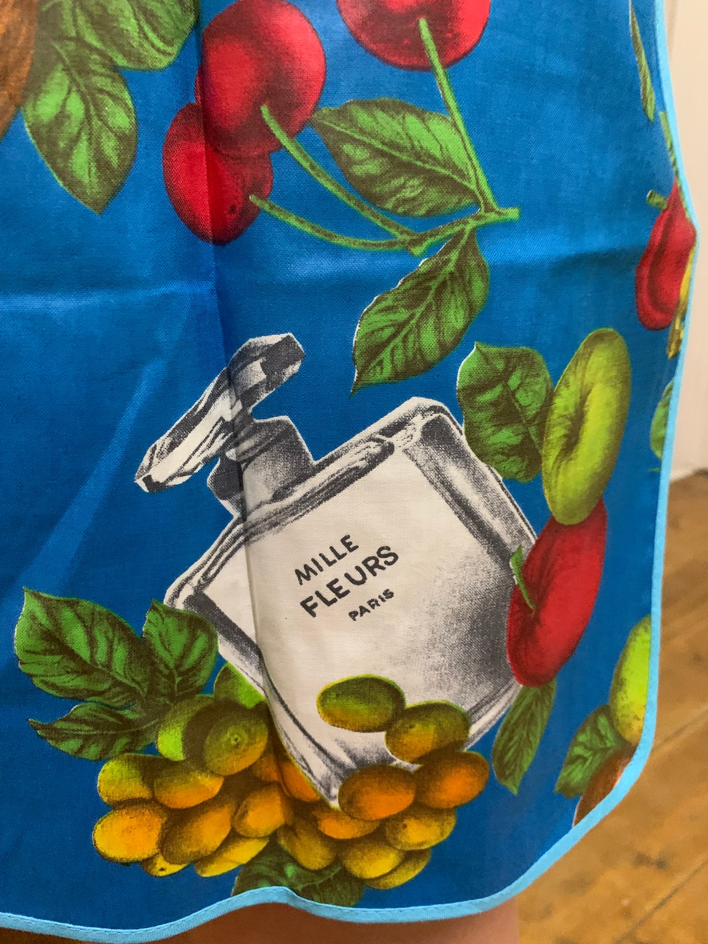 Vintage 1970s Taniwha Half Apron - Tropical Fruit & Perfume Bottle Novelty Print