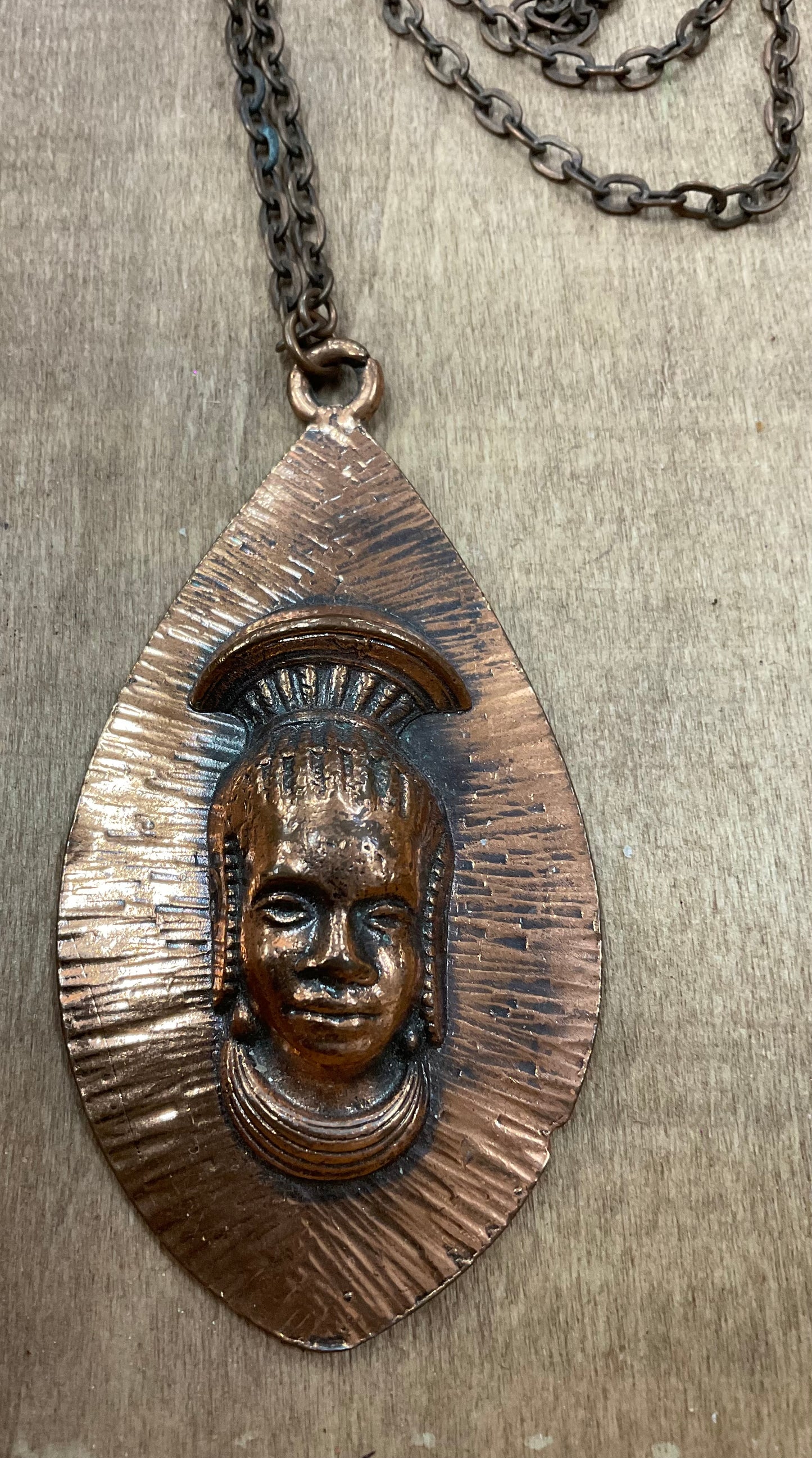 Vintage Copper Tribal Face Pendant Necklace
