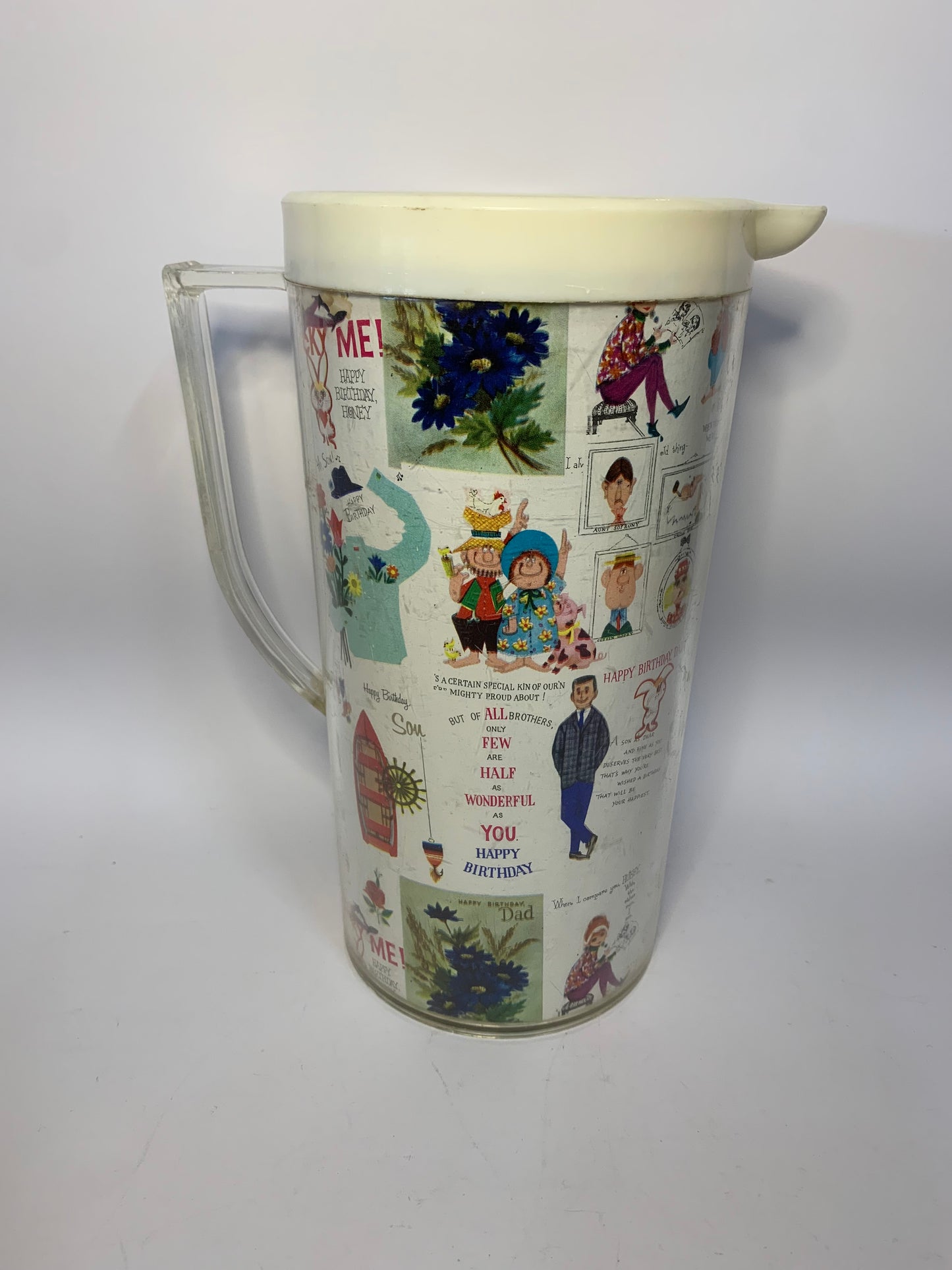Vintage 1960s Birthday Greeting Card Collage Plastic Pitcher - Made in Hong Kong