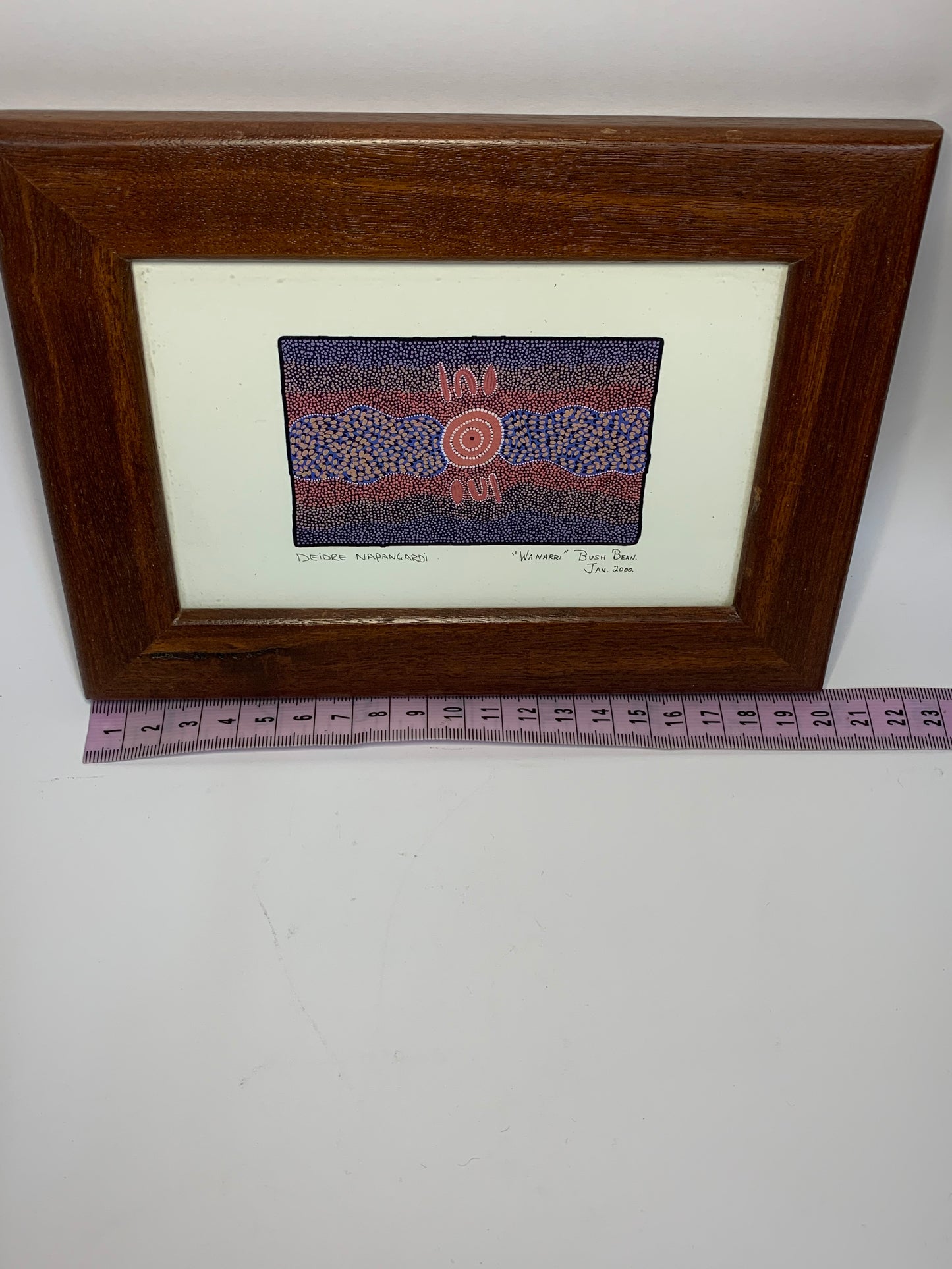 Original Aboriginal dot painting by Deidre Napangardi titled “Wanarri” (Bush Bean), created in January 2000