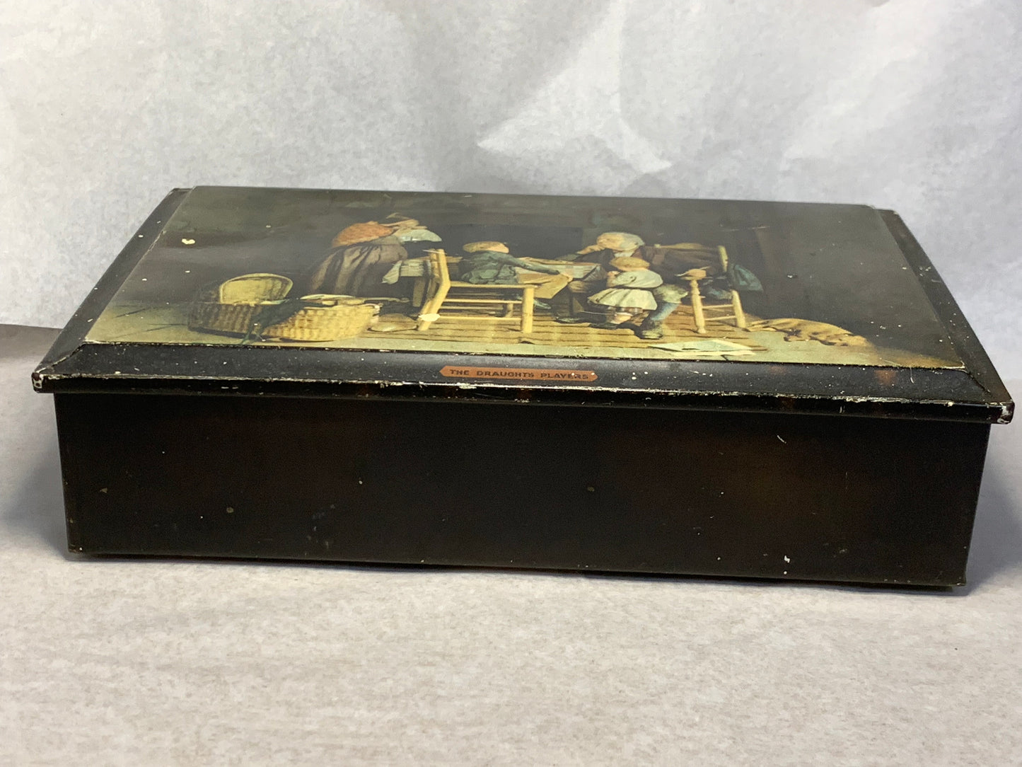 Antique Victorian Biscuit Tin — “The Draughts Players” after Joseph Clark