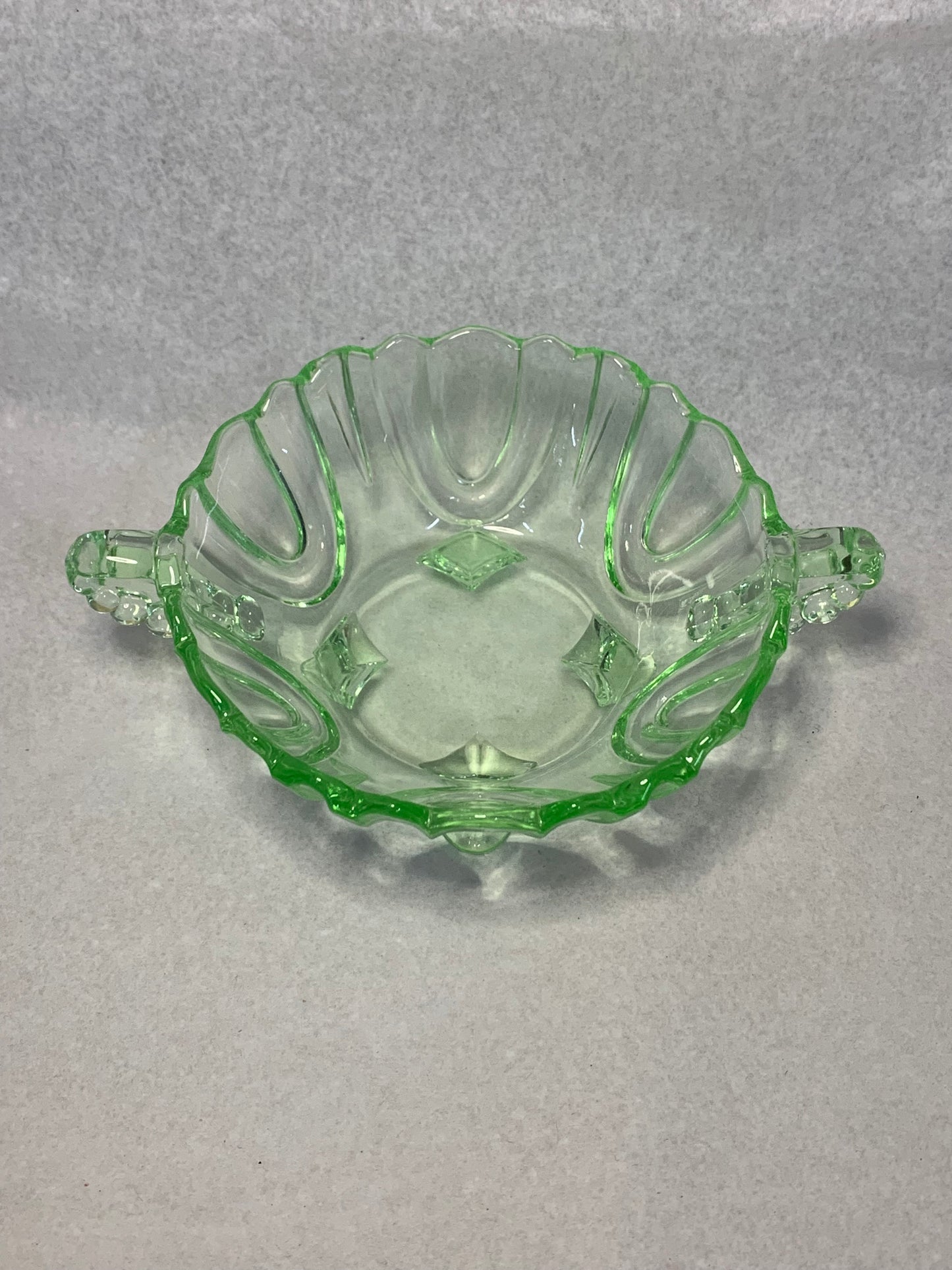 Vintage Uranium Vaseline Green Glass Handled Sugar Bowl— Glows Bright Green Under UV