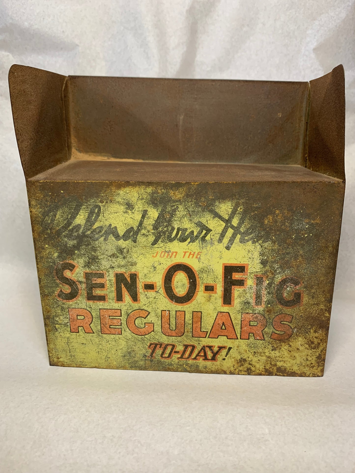 Antique British tin advertising countertop display box for “Sen-O-Fig” a fig/senna-based laxative tablet
