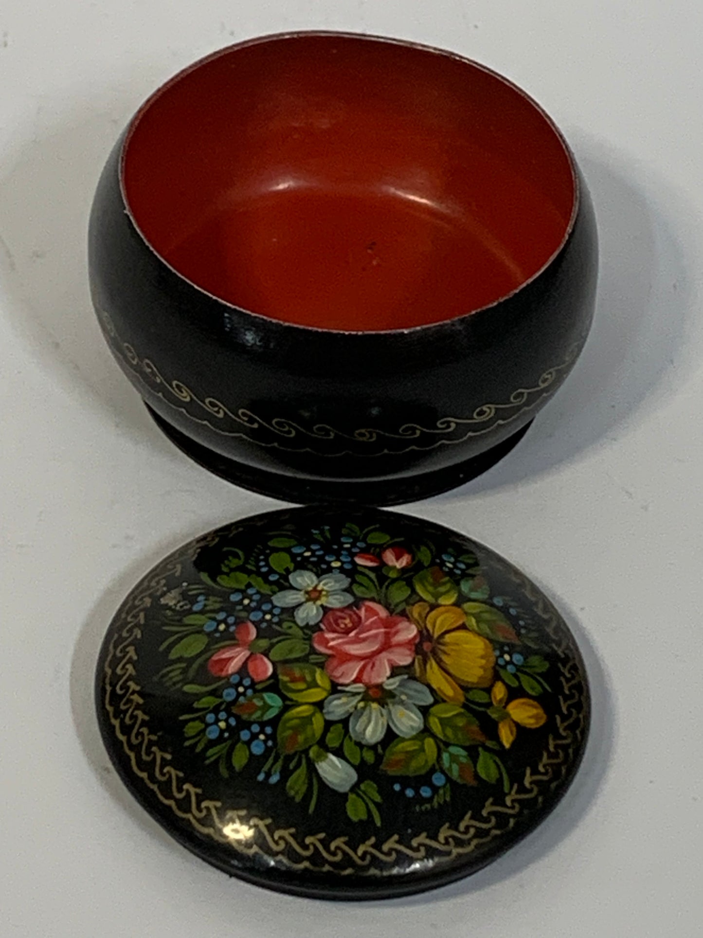 Russian Metal Tole Bowl with Traditional Lacquerware-Style Painting