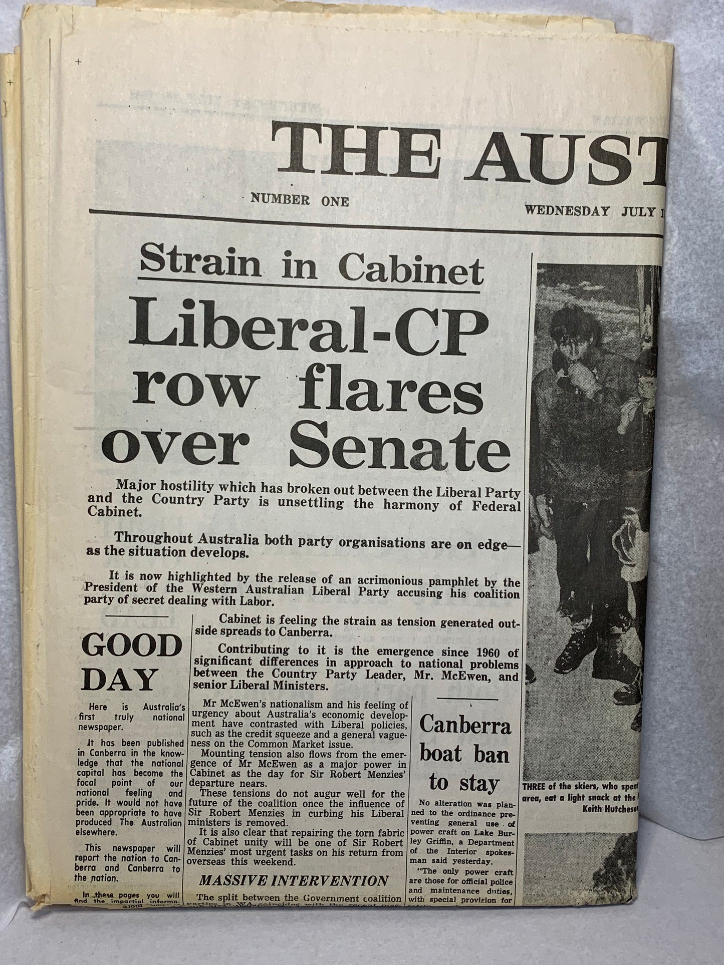The Australian — Number One, Wednesday July 15, 1964. This is the very first edition of The Australian, founded by Rupert Murdoch as Australia’s first national daily newspaper (only the third national newspaper in the country’s history).