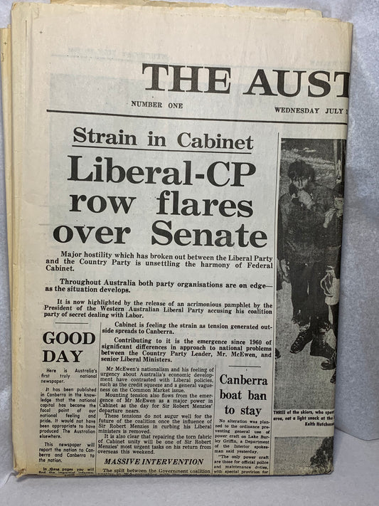 The Australian — Number One, Wednesday July 15, 1964. This is the very first edition of The Australian, founded by Rupert Murdoch as Australia’s first national daily newspaper (only the third national newspaper in the country’s history).