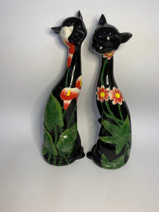 Vintage Copyrighted Black Cat Figurine Pair with Floral Decoration