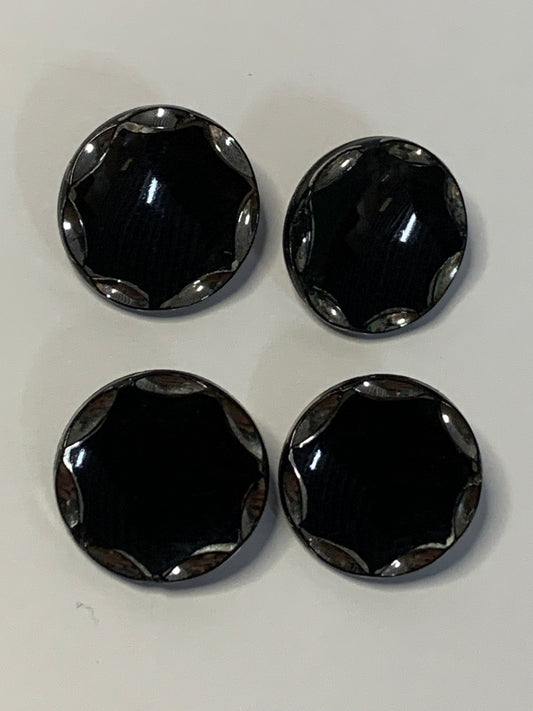 Vintage Czech Black Glass Buttons with decorative borders set of 4