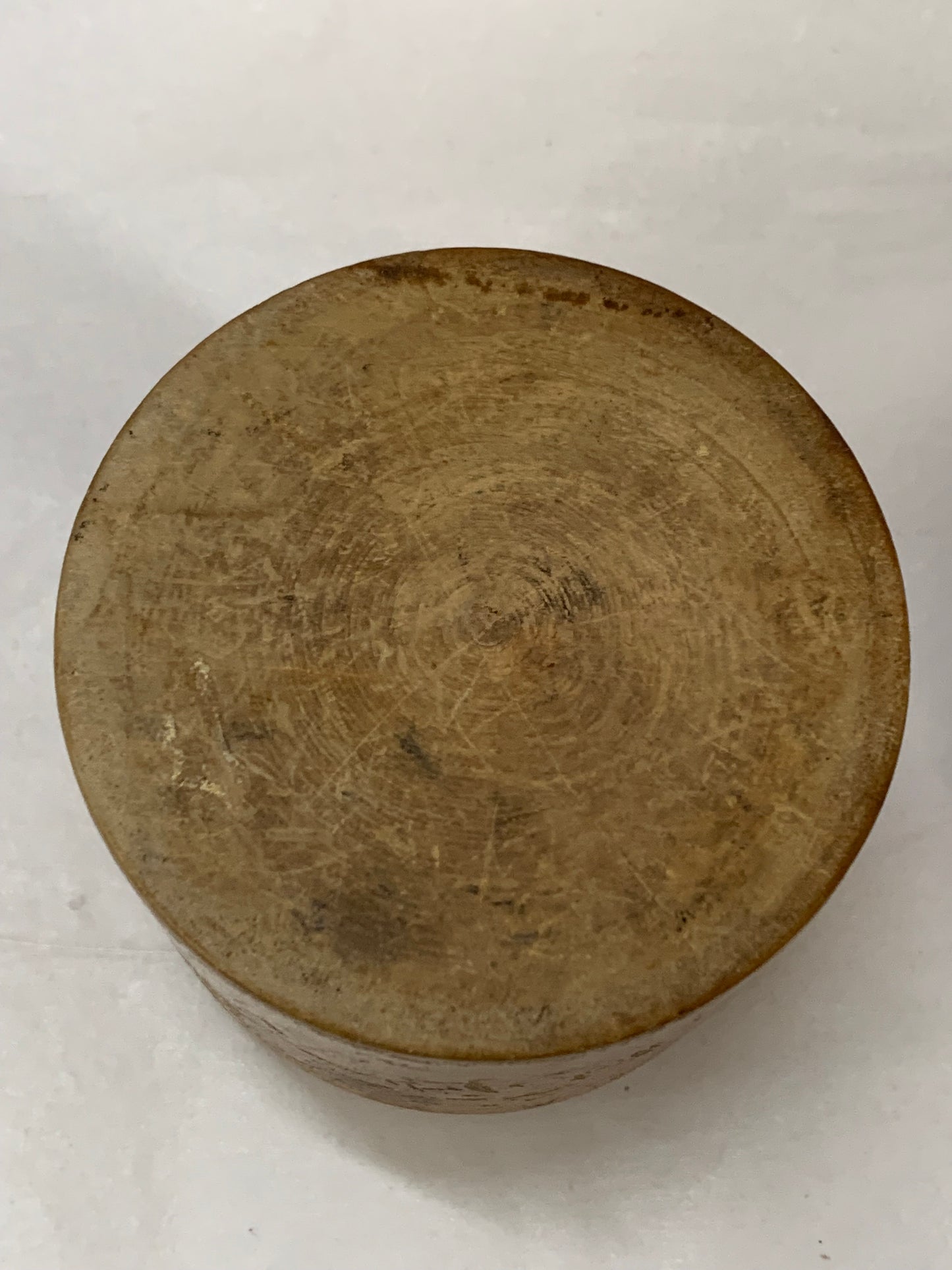 Antique turned wooden box with a painted religious icon on the lid, likely from the 19th or early 20th century.