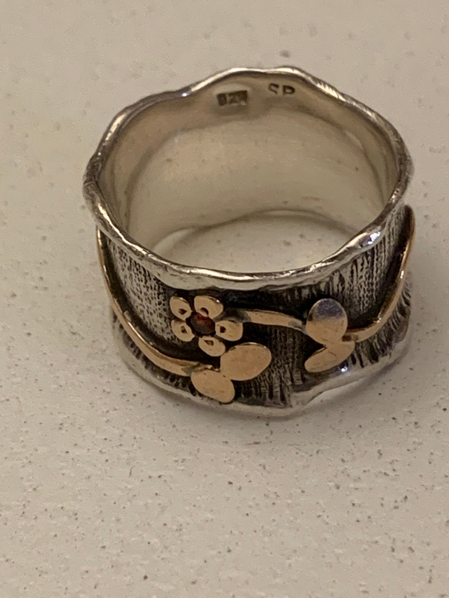 Sterling Silver & Gold Floral Band Ring with Garnet