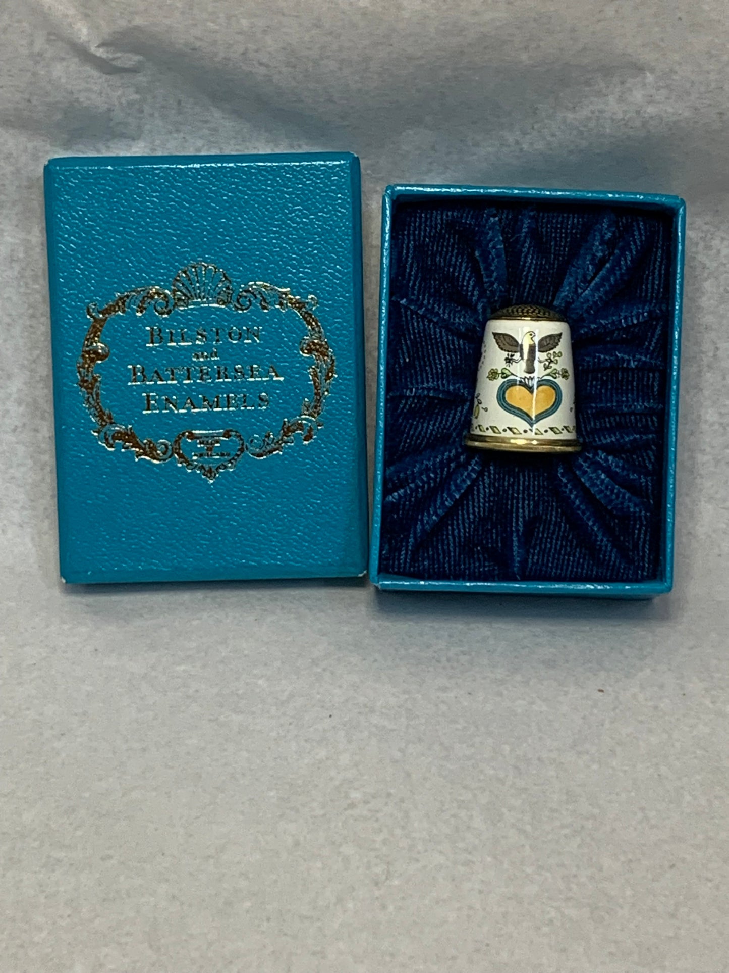 Vintage Halcyon Days “Bilston and Battersea Enamels” thimble, in original teal presentation box